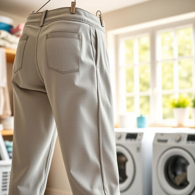 A pair of stylish, clean pants featuring a trendy design, displayed in a bright and airy laundry room