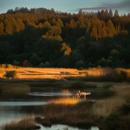 A vibrant sunset over an undisturbed, crystal clear lake, surrounded by a luscious, dense forest. A lively deer family is grazing by the lake, evoking a sense of tranquility.