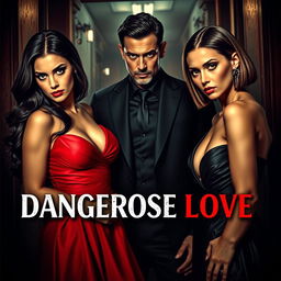 An intense and captivating scene encapsulating the theme of 'Dangerous Love,' featuring two sisters and a mafia man, surrounded by tension and betrayal