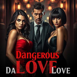 An intense and captivating scene encapsulating the theme of 'Dangerous Love,' featuring two sisters and a mafia man, surrounded by tension and betrayal