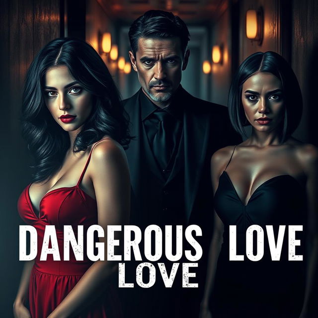 An intense and captivating scene encapsulating the theme of 'Dangerous Love,' featuring two sisters and a mafia man, surrounded by tension and betrayal