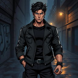 A serious comic character design for a graphic novel, featuring a strong, brooding hero with a rugged appearance
