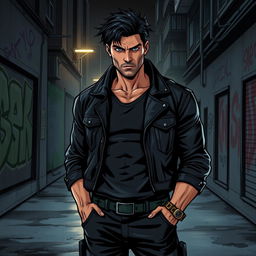 A serious comic character design for a graphic novel, featuring a strong, brooding hero with a rugged appearance