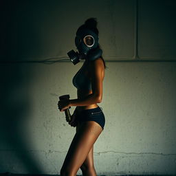 A slim, edgy figure with a full face gas mask, standing confidently against a textured wall