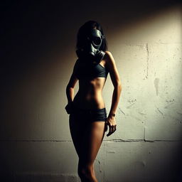 A slim, edgy figure with a full face gas mask, standing confidently against a textured wall