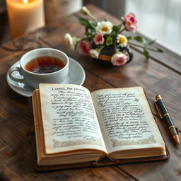 A cozy, inviting scene of a beautifully designed journal resting on a wooden table, open to a page filled with elegant handwritten notes and sketches