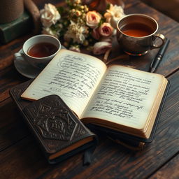 A cozy, inviting scene of a beautifully designed journal resting on a wooden table, open to a page filled with elegant handwritten notes and sketches