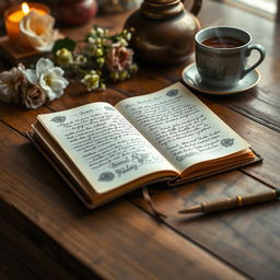 A cozy, inviting scene of a beautifully designed journal resting on a wooden table, open to a page filled with elegant handwritten notes and sketches