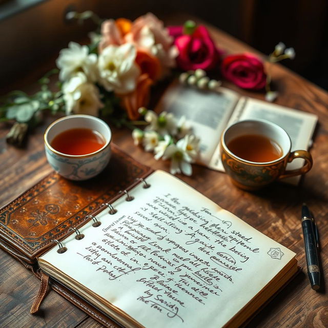 A cozy, inviting scene of a beautifully designed journal resting on a wooden table, open to a page filled with elegant handwritten notes and sketches