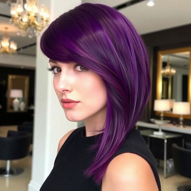 An asymmetrical bob haircut styled in curtain bangs, featuring vibrant purple hair color