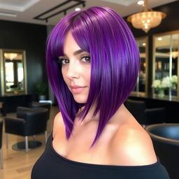 An asymmetrical bob haircut styled in curtain bangs, featuring vibrant purple hair color