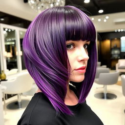An asymmetrical bob haircut styled in curtain bangs, featuring vibrant purple hair color