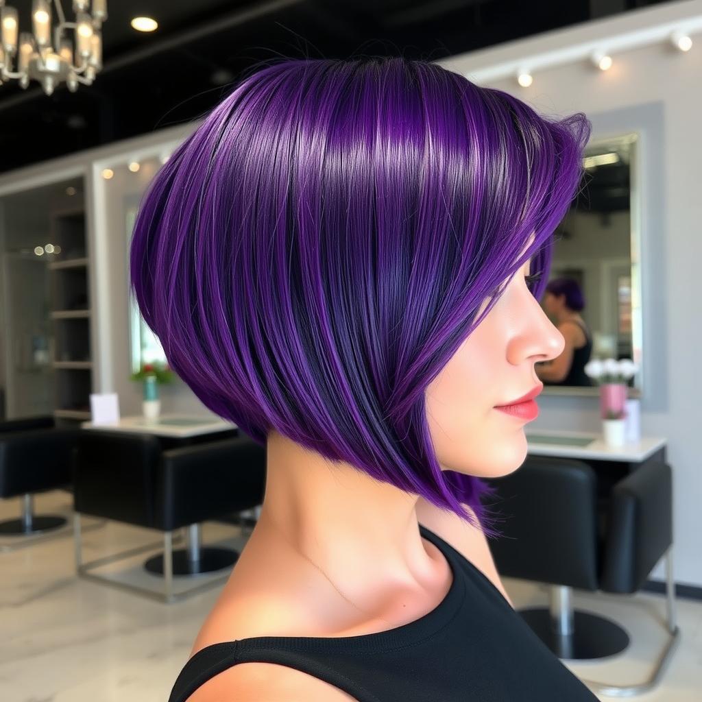 An asymmetrical bob haircut styled in curtain bangs, featuring vibrant purple hair color