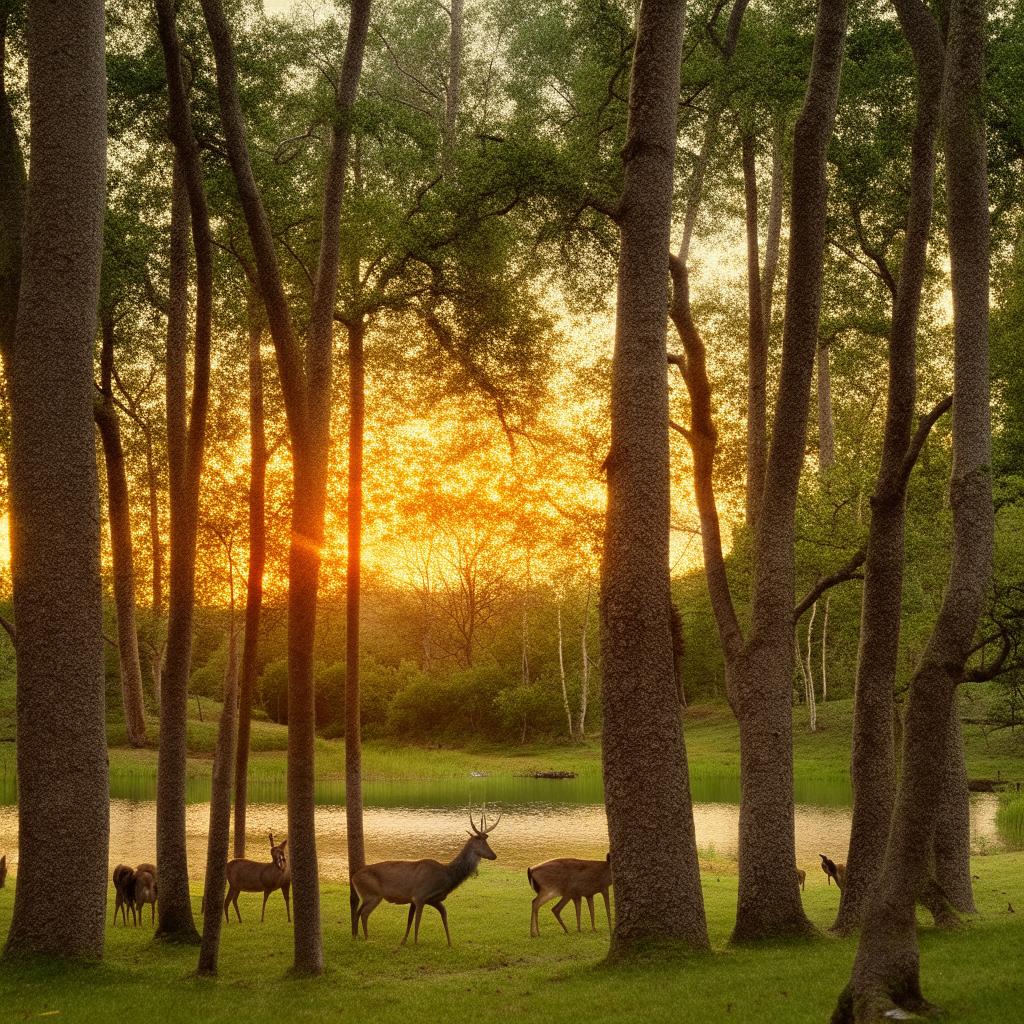 A vibrant sunset over an undisturbed, crystal clear lake, surrounded by a luscious, dense forest. A lively deer family is grazing by the lake, evoking a sense of tranquility.