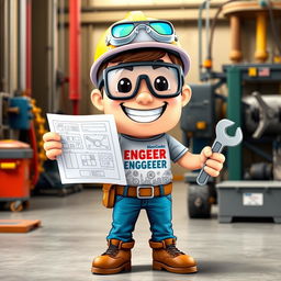 A colorful and expressive Bitmoji character representing an engineer, wearing a hard hat and safety goggles, holding a blueprint in one hand and a wrench in the other