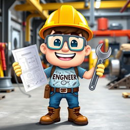 A colorful and expressive Bitmoji character representing an engineer, wearing a hard hat and safety goggles, holding a blueprint in one hand and a wrench in the other