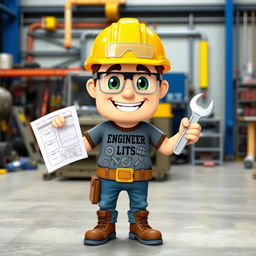 A colorful and expressive Bitmoji character representing an engineer, wearing a hard hat and safety goggles, holding a blueprint in one hand and a wrench in the other