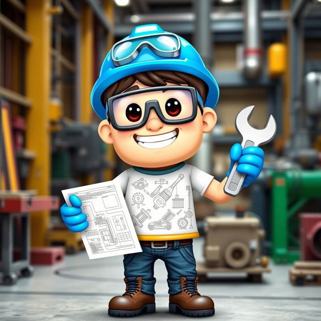 A colorful and expressive Bitmoji character representing an engineer, wearing a hard hat and safety goggles, holding a blueprint in one hand and a wrench in the other