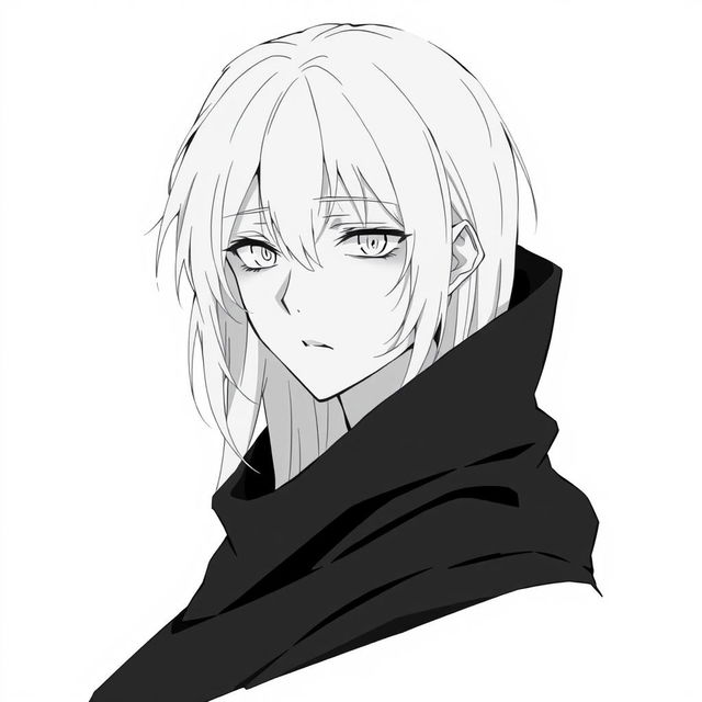 Anime style greyscale illustration of a male human with long white hair, striking white eyes, and pale white skin