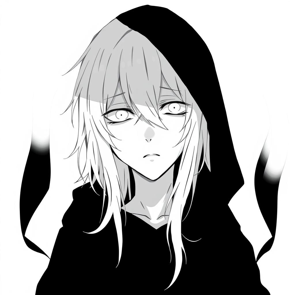Anime style greyscale illustration of a male human with long white hair, striking white eyes, and pale white skin