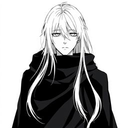 Anime style greyscale illustration of a male human with long white hair, striking white eyes, and pale white skin