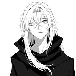 Anime style greyscale illustration of a male human with long white hair, striking white eyes, and pale white skin