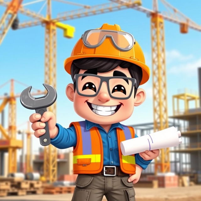 A cartoonish Bitmoji of an engineer man, showcasing a confident and cheerful expression