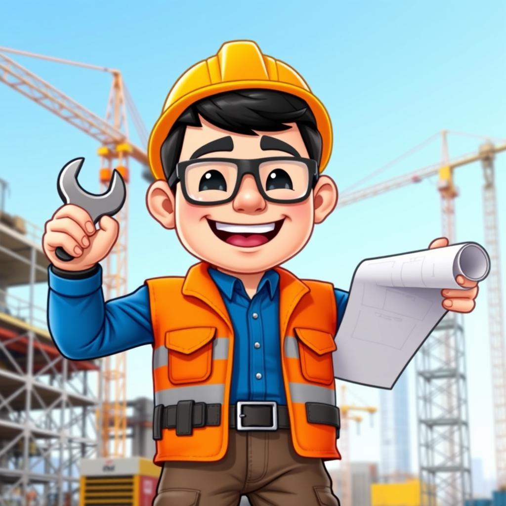 A cartoonish Bitmoji of an engineer man, showcasing a confident and cheerful expression