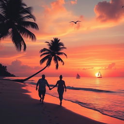A beautiful sunset over a serene beach, with vibrant orange and pink hues reflecting off the gentle waves gently lapping at the shore