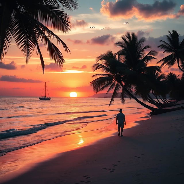 A beautiful sunset over a serene beach, with vibrant orange and pink hues reflecting off the gentle waves gently lapping at the shore