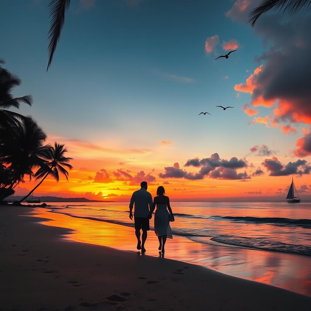 A beautiful sunset over a serene beach, with vibrant orange and pink hues reflecting off the gentle waves gently lapping at the shore