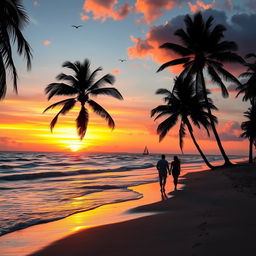 A beautiful sunset over a serene beach, with vibrant orange and pink hues reflecting off the gentle waves gently lapping at the shore