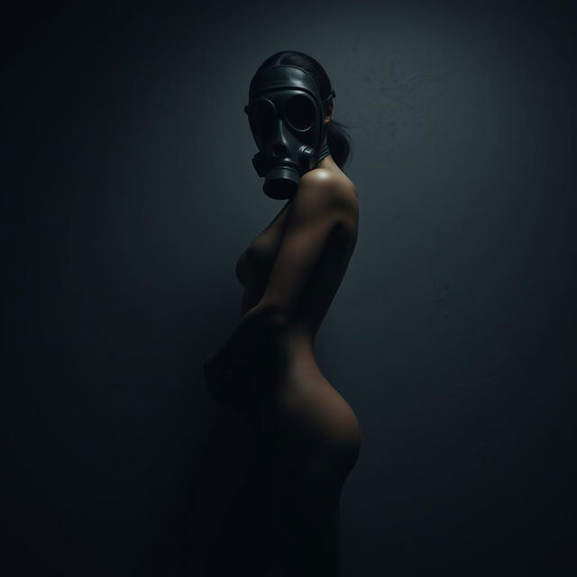 A slim, adult female figure is depicted in a full gas mask, her facial features obscured by the mask, adding an air of mystery to the scene