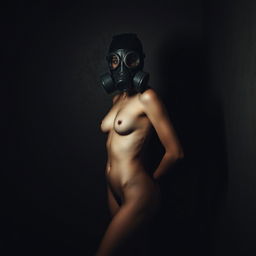 A slim, adult female figure is depicted in a full gas mask, her facial features obscured by the mask, adding an air of mystery to the scene