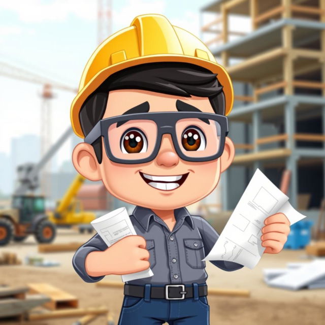 A cartoon-style Bitmoji of a male engineer character, wearing safety goggles and a hard hat, holding blueprints in one hand while looking confidently at the viewer