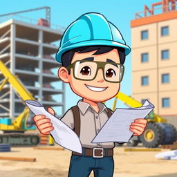 A cartoon-style Bitmoji of a male engineer character, wearing safety goggles and a hard hat, holding blueprints in one hand while looking confidently at the viewer