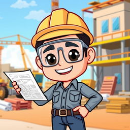 A cartoon-style Bitmoji of a male engineer character, wearing safety goggles and a hard hat, holding blueprints in one hand while looking confidently at the viewer