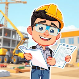 A cartoon-style Bitmoji of a male engineer character, wearing safety goggles and a hard hat, holding blueprints in one hand while looking confidently at the viewer