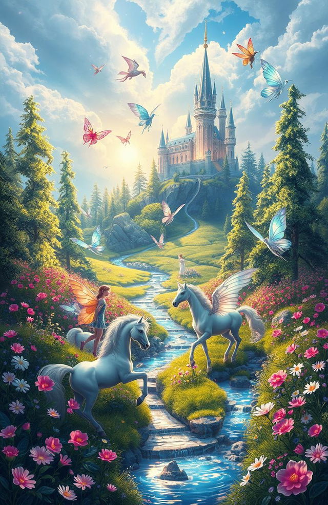 A vibrant fantasy landscape filled with magical creatures, such as elegant unicorns, fluttering fairies with iridescent wings, and a majestic dragon soaring in the sky