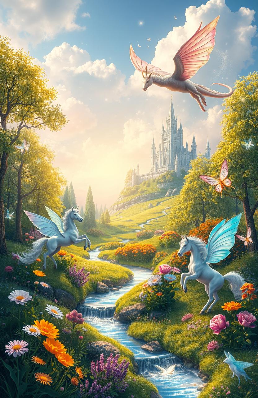 A vibrant fantasy landscape filled with magical creatures, such as elegant unicorns, fluttering fairies with iridescent wings, and a majestic dragon soaring in the sky