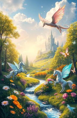 A vibrant fantasy landscape filled with magical creatures, such as elegant unicorns, fluttering fairies with iridescent wings, and a majestic dragon soaring in the sky