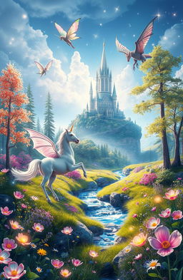A vibrant fantasy landscape filled with magical creatures, such as elegant unicorns, fluttering fairies with iridescent wings, and a majestic dragon soaring in the sky
