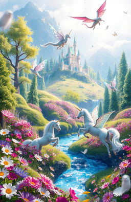 A vibrant fantasy landscape filled with magical creatures, such as elegant unicorns, fluttering fairies with iridescent wings, and a majestic dragon soaring in the sky