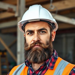 A realistic portrait of a bearded man wearing a safety hard hat, looking directly at the viewer with a serious and determined expression
