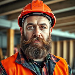 A realistic portrait of a bearded man wearing a safety hard hat, looking directly at the viewer with a serious and determined expression
