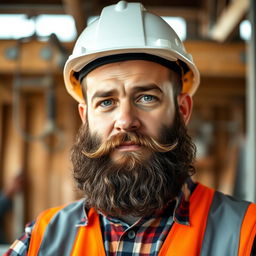 A realistic portrait of a bearded man wearing a safety hard hat, looking directly at the viewer with a serious and determined expression