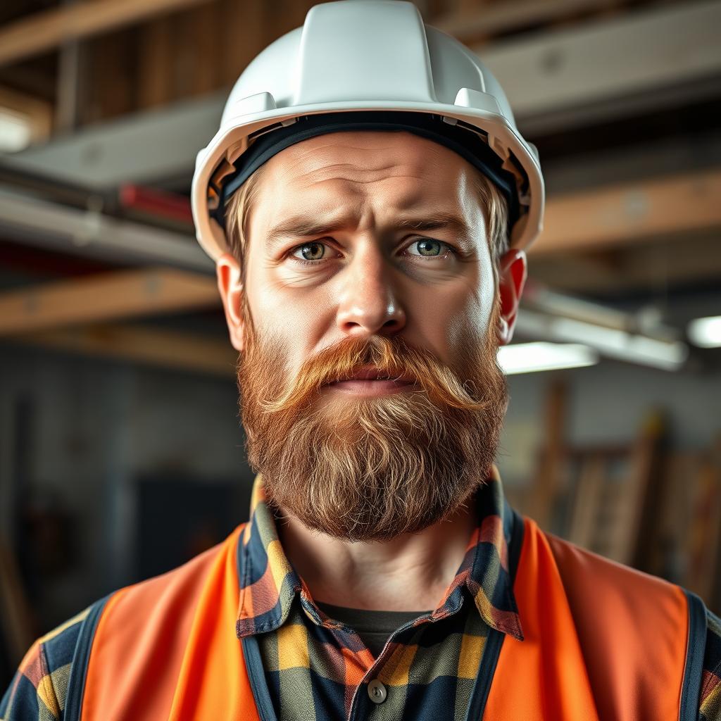 A realistic portrait of a bearded man wearing a safety hard hat, looking directly at the viewer with a serious and determined expression