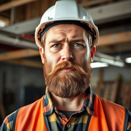 A realistic portrait of a bearded man wearing a safety hard hat, looking directly at the viewer with a serious and determined expression