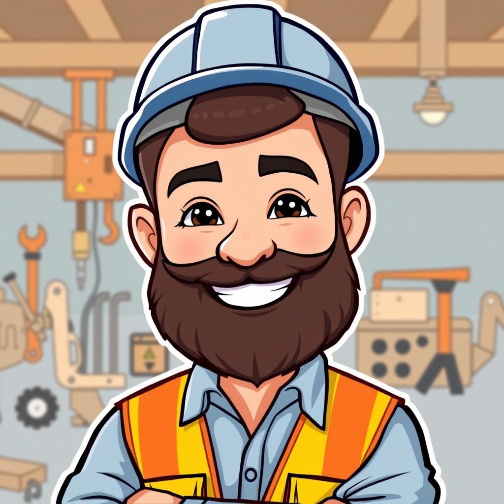 A cartoon-style Bitmoji of a bearded man wearing a safety hard hat, smiling confidently at the viewer