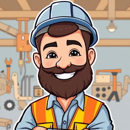 A cartoon-style Bitmoji of a bearded man wearing a safety hard hat, smiling confidently at the viewer